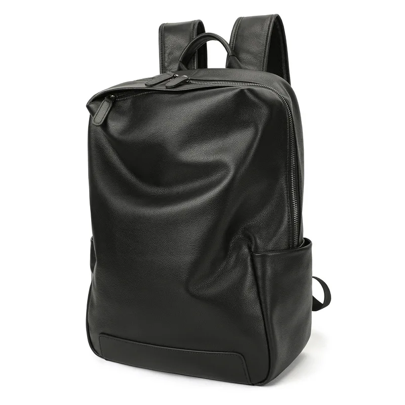 Mochila de cuero genuino para hombre y mujer, de color negro, hecha con piel de vaca, con bolsillo lateral, ideal para uso diario, viajes y como bolso de hombro para la escuela, el trabajo o para llevar al trabajo.