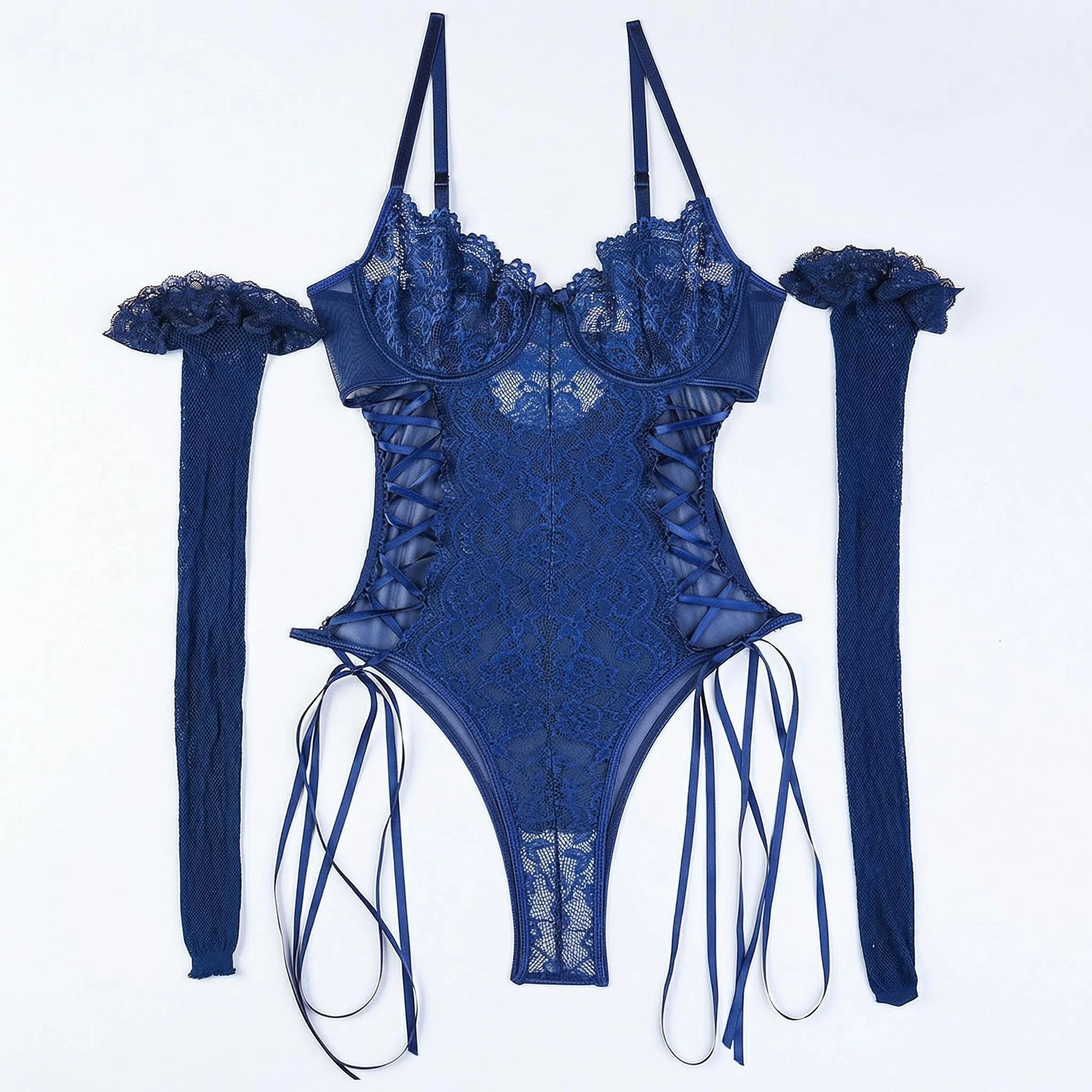 Heiß begehrte Damen-Dessous aus Spitze mit Schnürung, Patchwork, verspieltem Design, mehrfarbigem Shapewear-Jumpsuit.