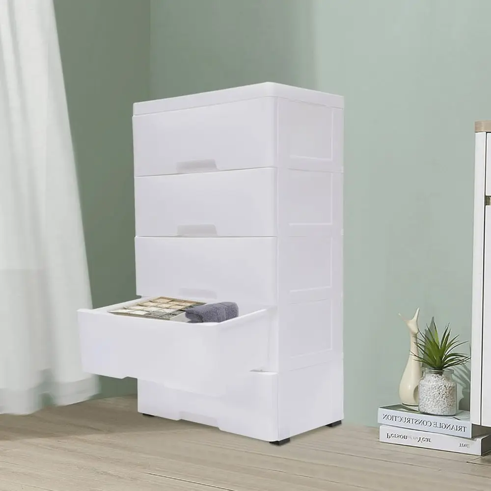 

5 Drawer Plastic Drawers Dresser Storage Cabinet, Stackable Vertical Clothes Storage Tower With 4 Wheels, Clothes Organizer, Be
