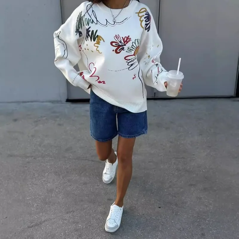 Damski sweter żakardowy w nowym, niszowym kolorze na jesień 2025, okrągły dekolt, dzianinowy pulower, odzież damska.