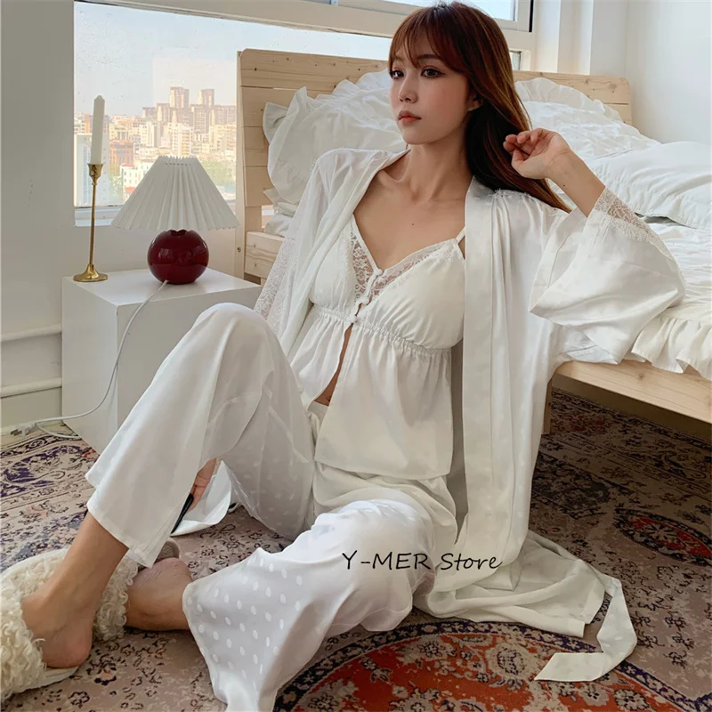 White Satin Women\'s Pajamas Four Piece Suit Lace Patchwork Kimono Bathrobe Gown Summer Sleepwear Sexy Cami&shorts&pants&bathrobe