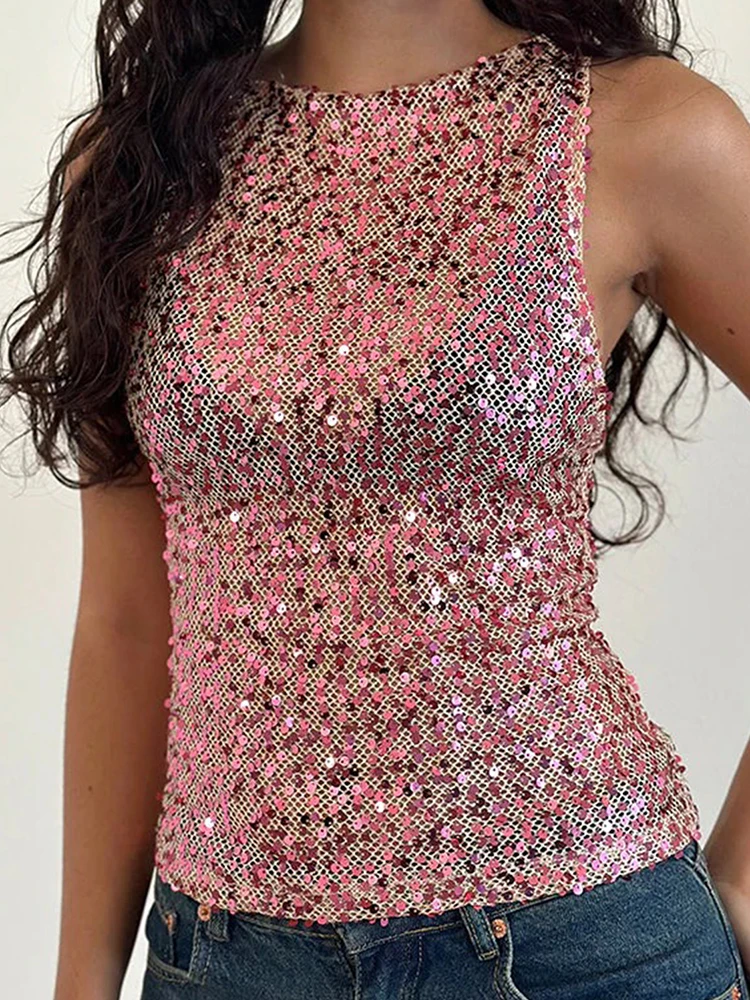 Printemps été creux sans manches haut à paillettes décontracté col rond serré couleur unie T-shirt dame Sexy Perspective Festival de musique Blouses