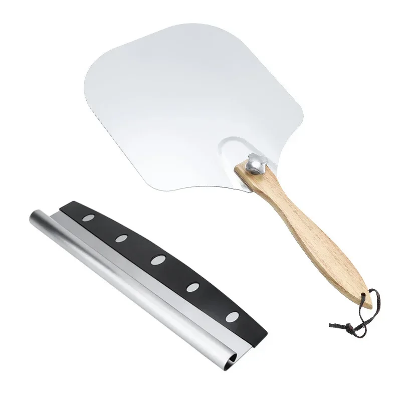 Foldable Aluminum Pizza Spatula Shovel Cutter Kit Wooden Handle Pizza Knife Baking Transfer Tool