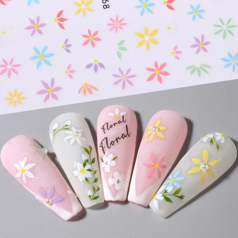 2/10pcs 3D ฤดูใบไม้ผลิดอกไม้เล็บสติกเกอร์ Daisy กลีบดอกไม้ Leaf กาวสติ๊กเกอร์ Simple Blossom เล็บฝรั่งเศส Sliders ตกแต่ง