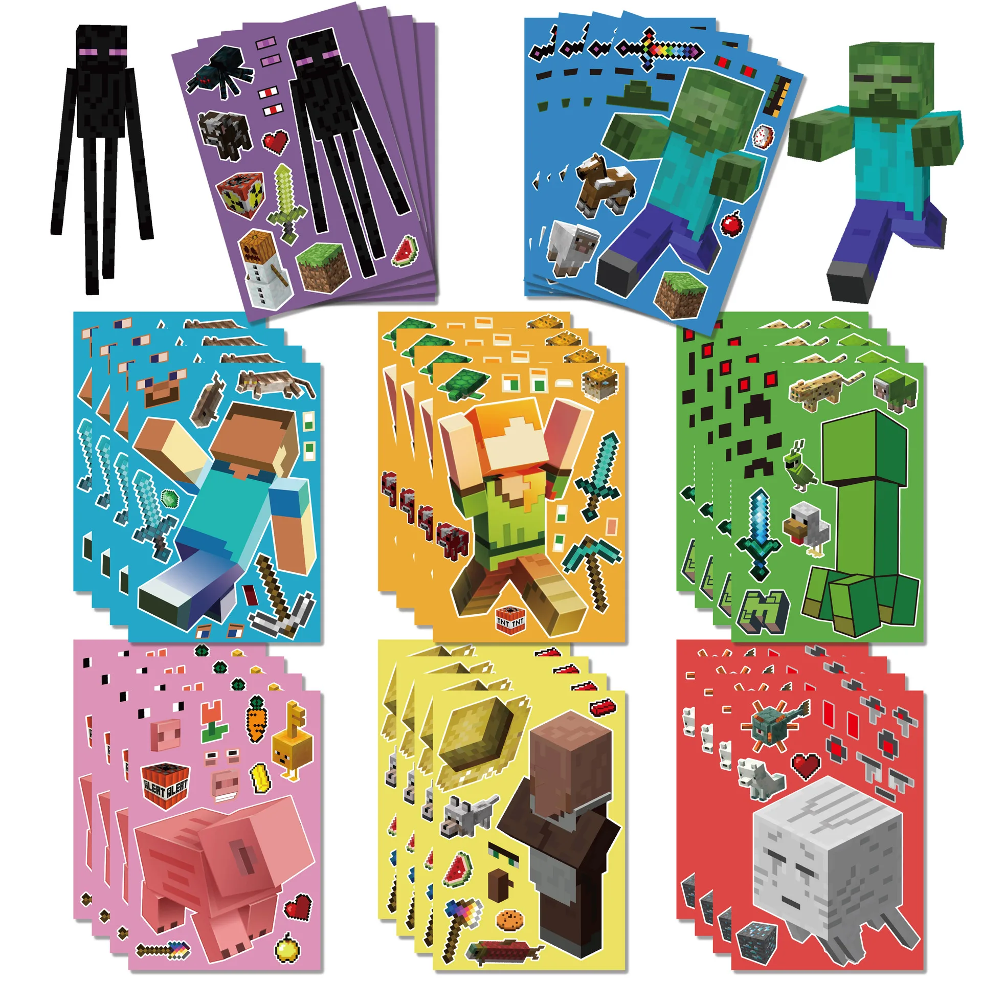 16/32pcs Minecraft stickers, kawaii puzzle stickers, pixel style face changing stickers, cartoon stationery stickers, gifts