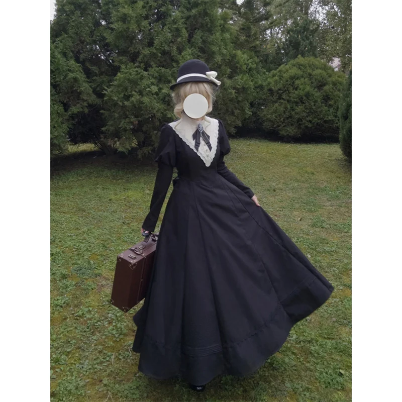 

MEXZT готическое винтажное черное платье миди женское платье в стиле Харадзюку в стиле Лолиты с бантом Y2K японское кружевное облегающее платье с длинными рукавами Vestidos