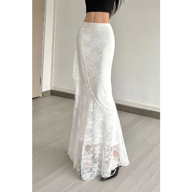 Gonna lunga da donna con gonna lunga elegante che copre i fianchi in pizzo elastico a vita alta tinta unita