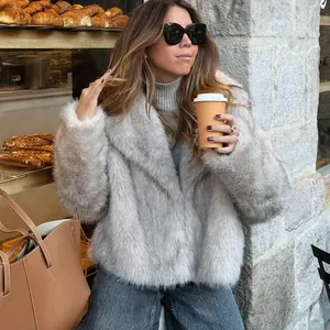 TRAF-جاكيت فرو صناعي للنساء بأكمام طويلة أمامي زر المفاجئة أمامي ملابس خارجية نسائية أنيقة ياقة طية صدر السترة معطف مكتنزة أزياء 2024 أعلى 5 مبيعا سترة معطف نسائية - No3