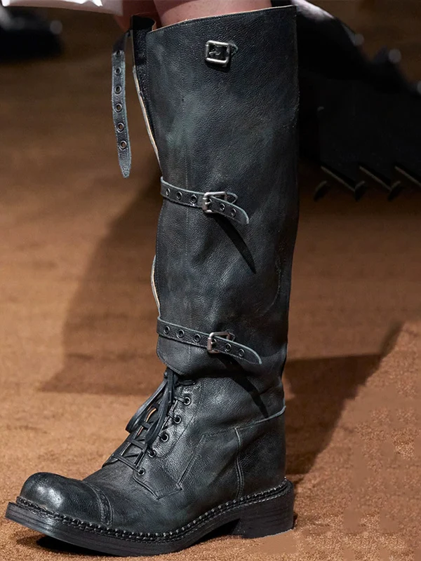

Retro Faded Genuine Leather High-Top Western Cowboy Boots for Women Spring Summer New Style Belt Buckle Long Tube Boots