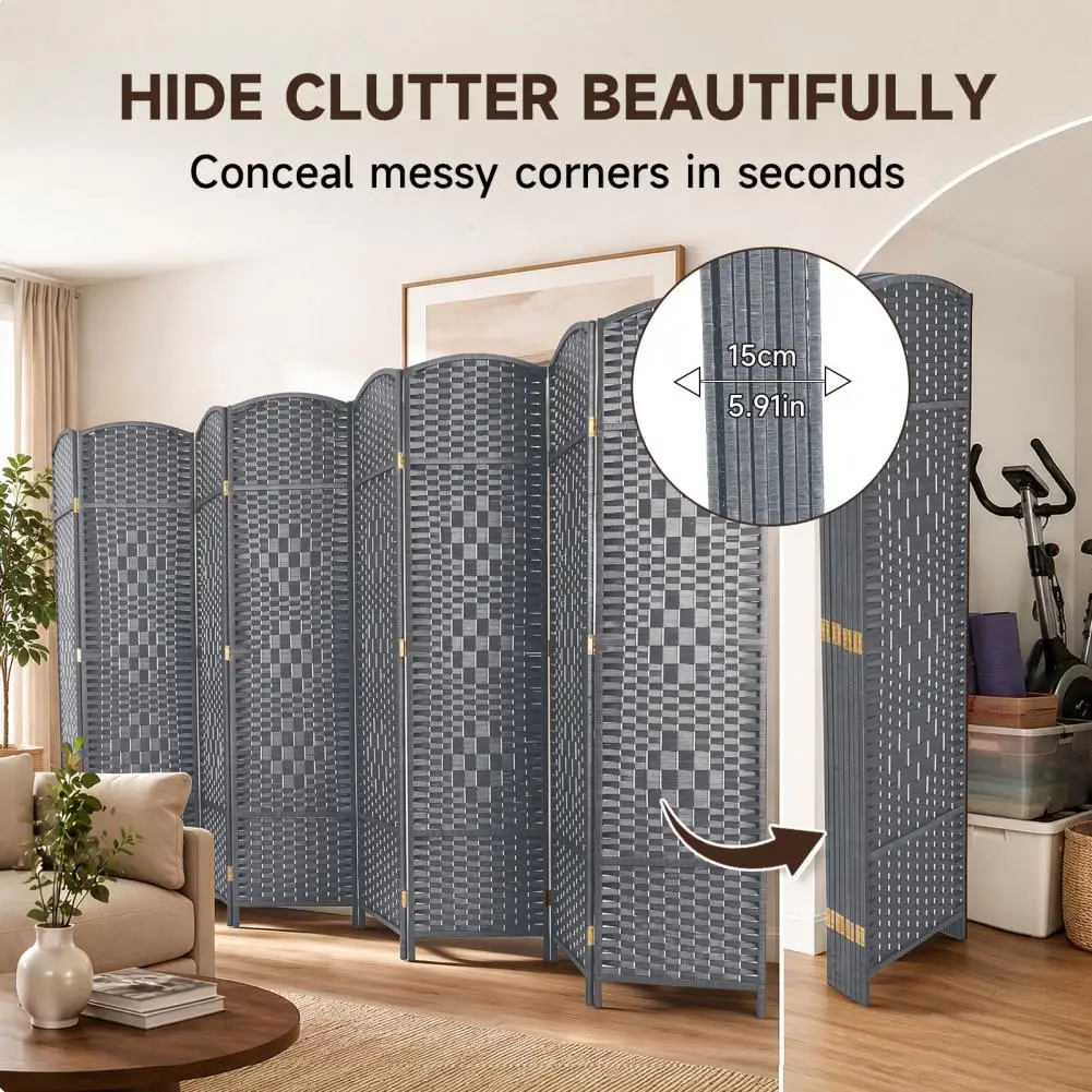 Folding Room Divider, Rattan Woven Privacy Screen, 4 or 8 Panels, Hinged Freestanding Room Divider, 6Ft Tall Bedroom Partition