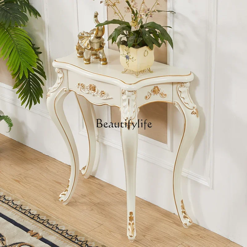 

02 Light luxury pure solid wood European style with drawers porch table antique carved sofa back few