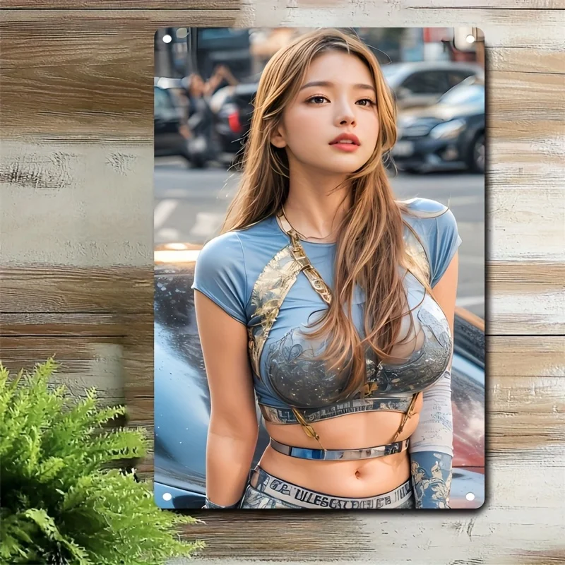 Vintage Stunning Blonde Beauty with Long Wavy Hair in Blue & Gold Futuristic Crop Top Outfit Posing by Car in Urban Street Setti