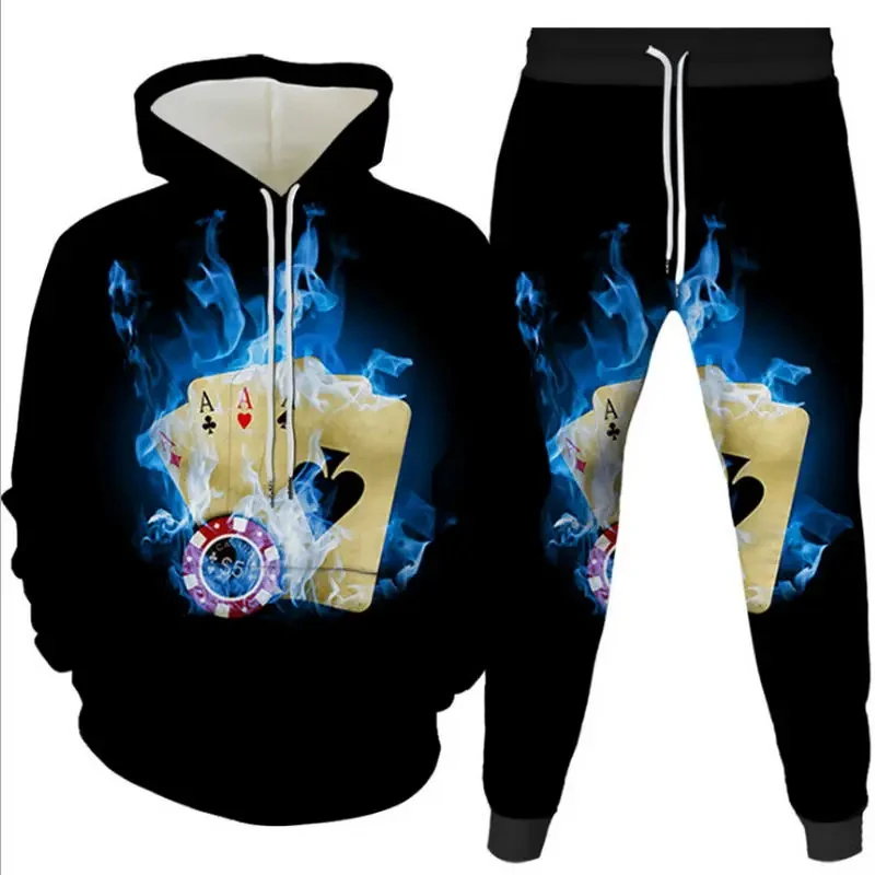 Poker&Money 3D Print Men's Tracksuit Sets Fashion Casual Hoodie+Pants 2pcs Sets Oversized Pullover Trend Streetwear Man Clothing