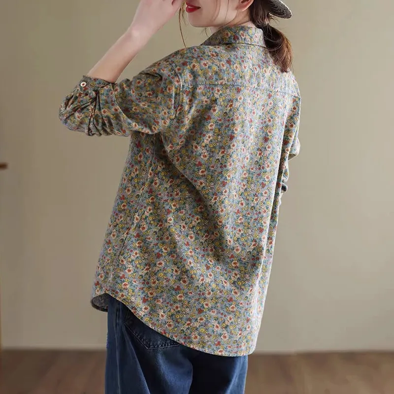 Women Long Sleeve Casual Shirts New Arrival 2022 Spring Vintage Style Floral Print Cotton Linen Ladies Elegant Tops B1575