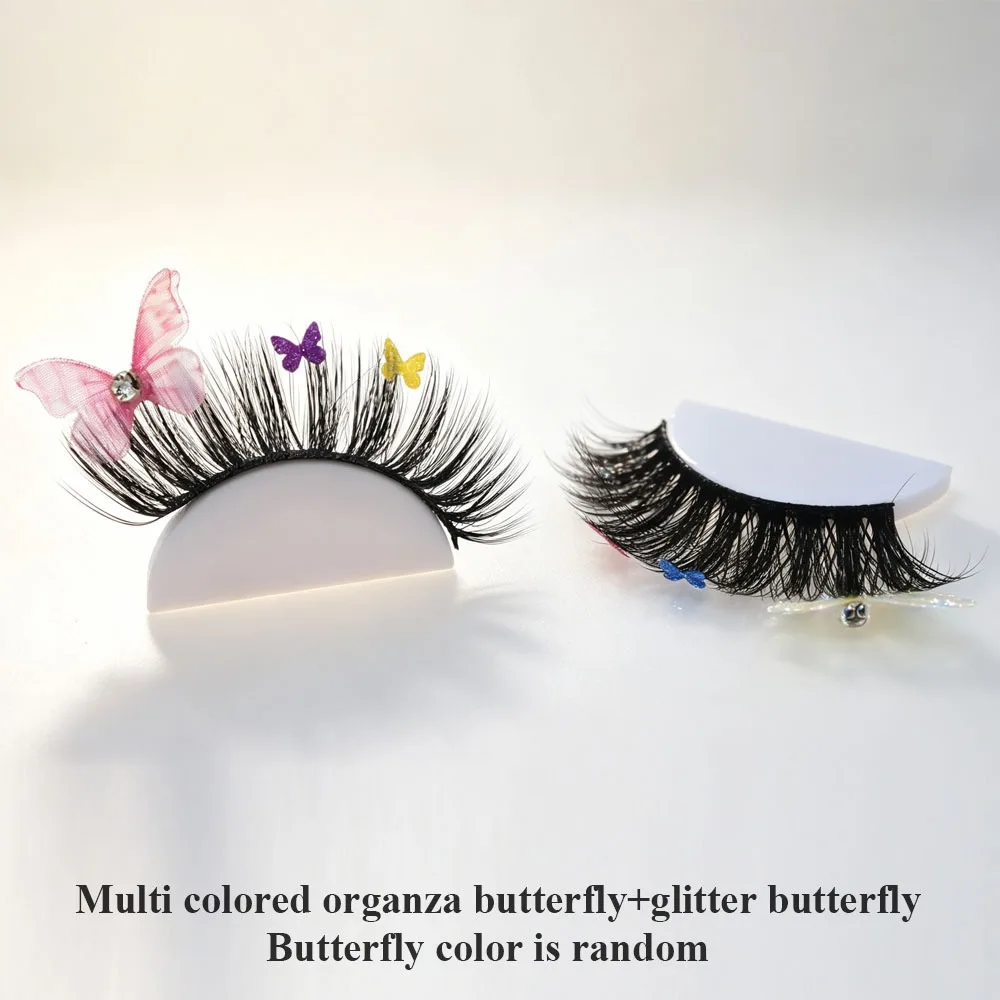 1 Pair Natural to Fluffy Festive Glitter False Eyelashes Full Strip Colorful Butterfly Reusable Sparkly Lashes Rhinestone Decor
