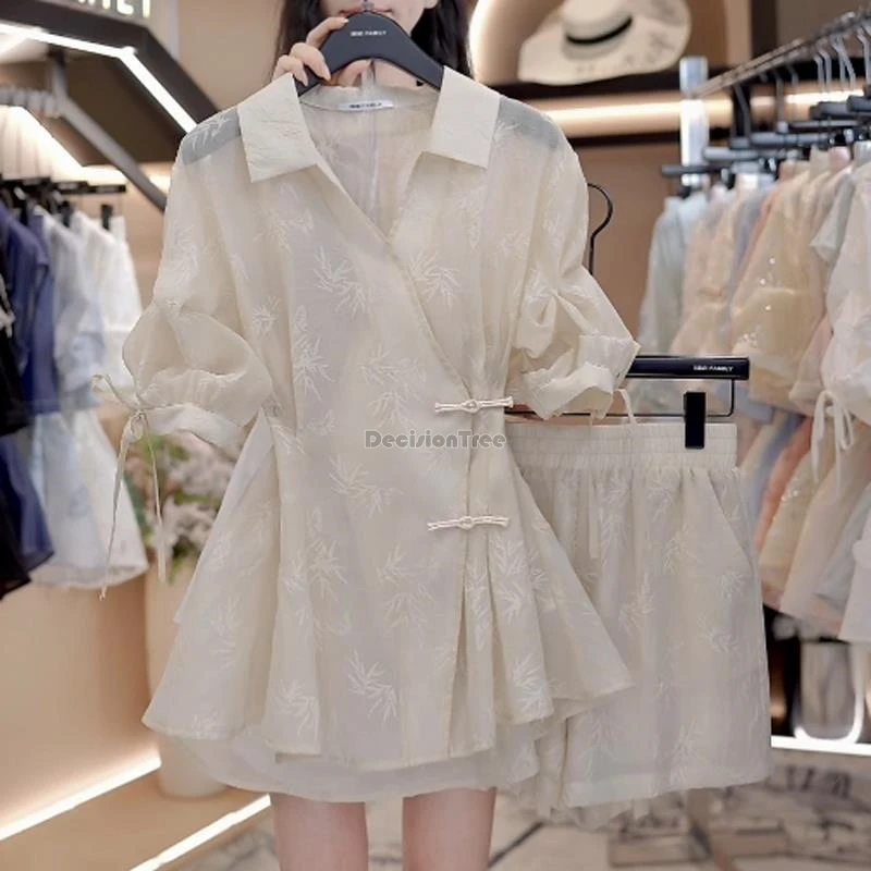 2026 summer chinese improved traditional style 2piece tang suit set short sleeve shirt and short pants set women daily loose set