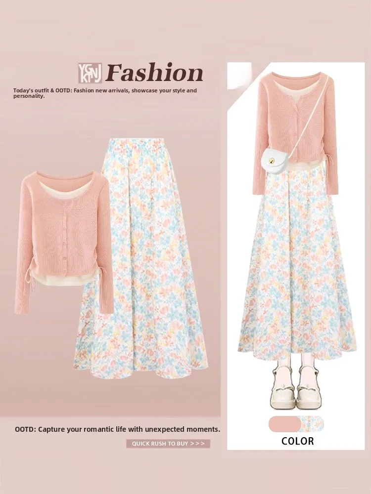 

Женский комплект из двух предметов: юбка с цветочным принтом и высокой талией, розовая футболка с длинным рукавом в корейском стиле, осенний повседневный образ