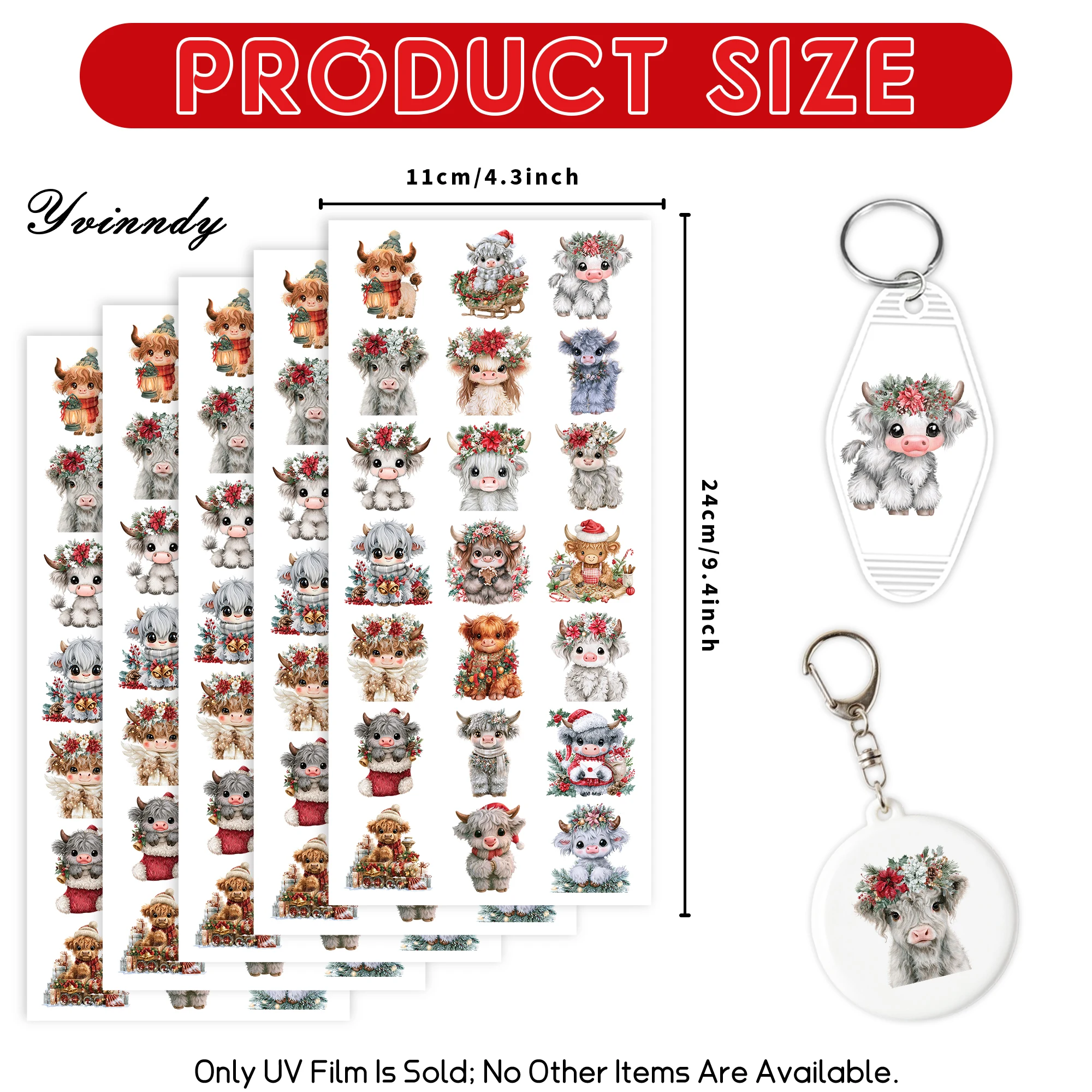 105pcs/set Highland Cow Christmas Clipart UV DTF Transfer Sticker Craft Kits with Crystal Label 16oz Glass Jars Wrap Stickers