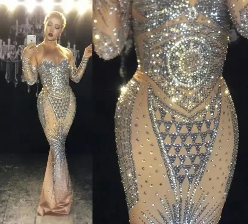 Sparkly Rhinestones Nude Long Dress Sexy Nightclub Full Stones Long Big Tail Dress Costume Prom Birthday Celebrate Dresses