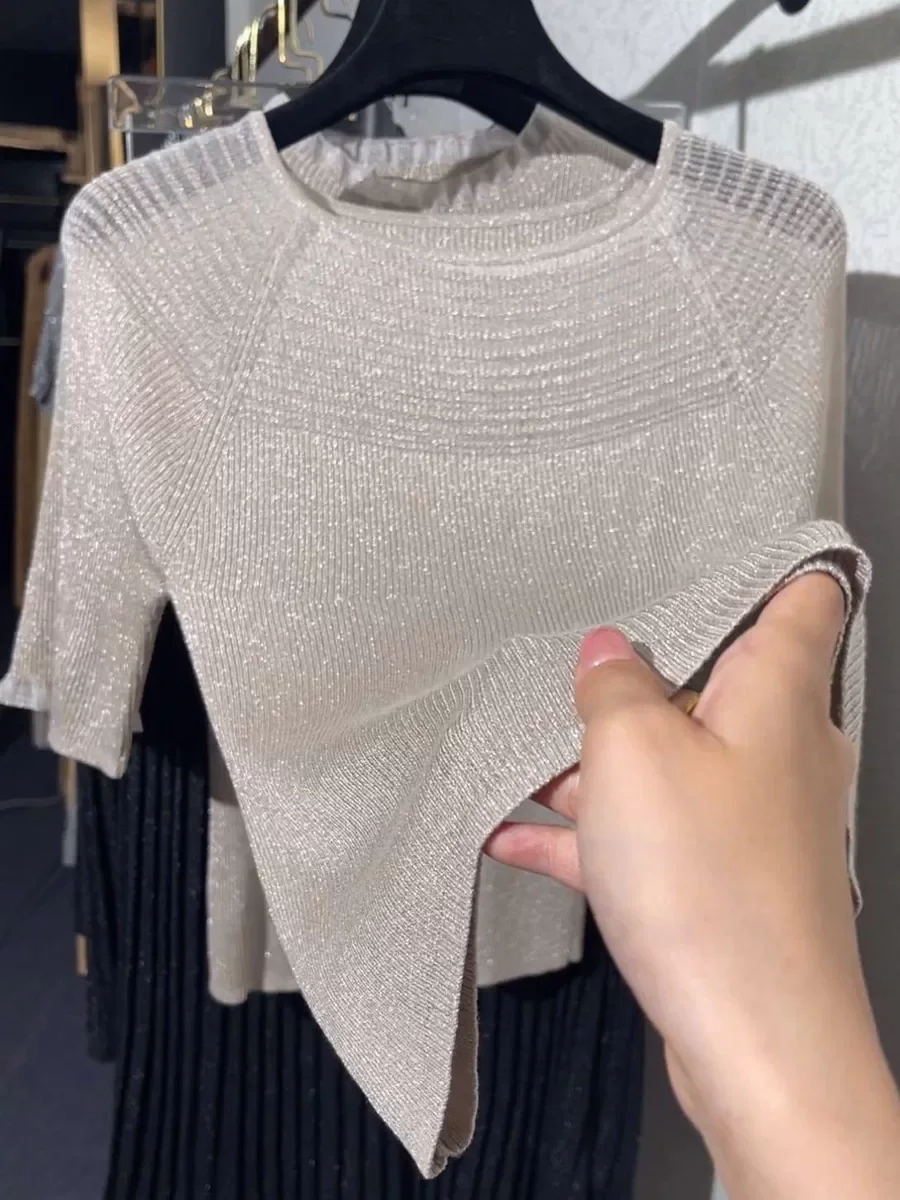

Shiny Silk round Neck Knitted Top Women's Short Sleeve Slim Fit Versatile Large Size Knitted Short Sleeve Shirt Spring Summer