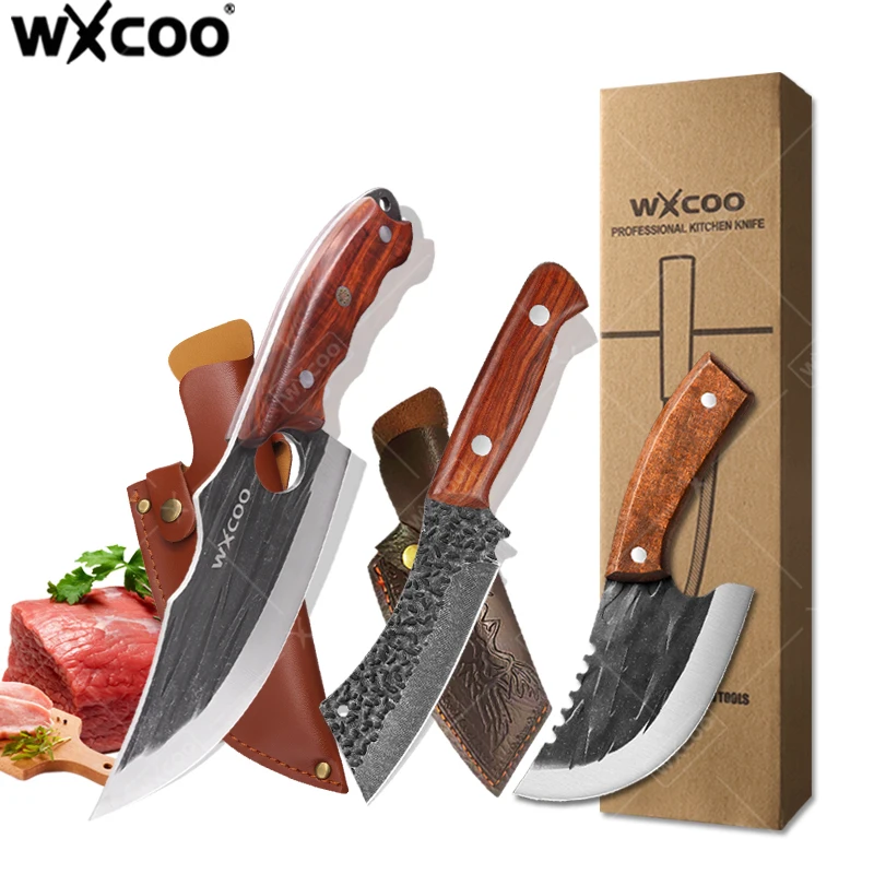 WXCOO Küchenmesser aus Edelstahl mit Holzgriff, multifunktionales Metzgermesser, scharfe Kante, handgeschmiedetes Metzgermesser