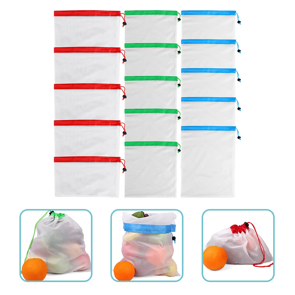 15 Pcs Fruit and Vegetable Bag Mesh Reusable Food Storage Bags Polyester Produce