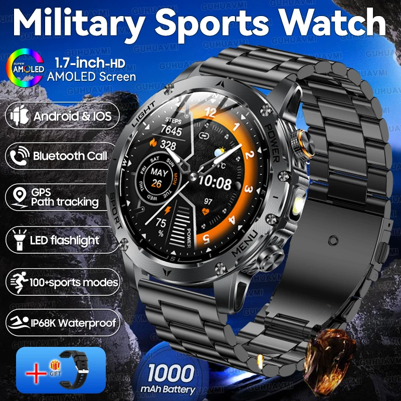 2025 New T-Rex 3 Military Grade 1000mAh Battery Smart Watch 5ATM Waterproof HD AMOLED LED Flashlight Call Men Sports Smartwatch