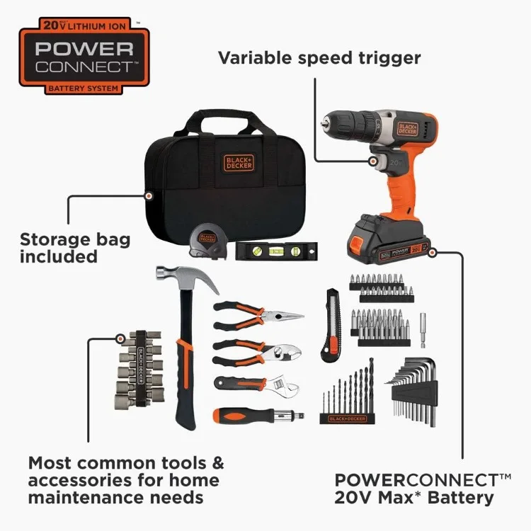 by BLACK+DECKER Home Tool Kit with 20V MAX Drill/Driver, 83-Piece & Extra 2.0 Ah Lithium Ion Battery