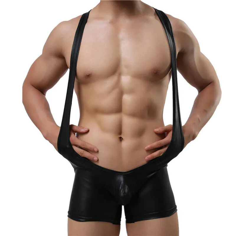 Mens Sexy Faux Leather Bodysuit One-Piece Jockstrap Leotard Catsuit Wrestling Singlet Black PU Jumpsuit Clubwear PVC Wet Look