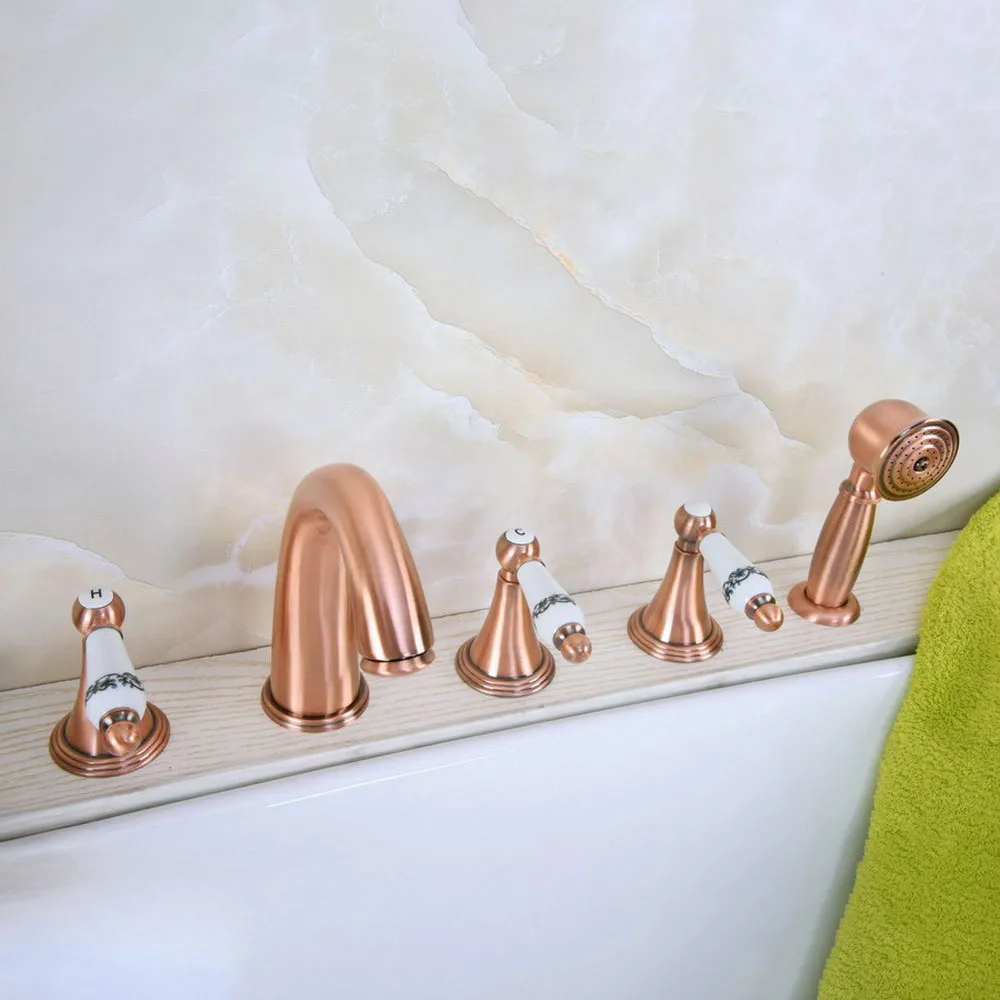 Bathtub Faucets 5 Pcs Antique Red Copper Bath Tub Faucet With Hand Shower Bathroom Roman Tub Faucet  Ltf208