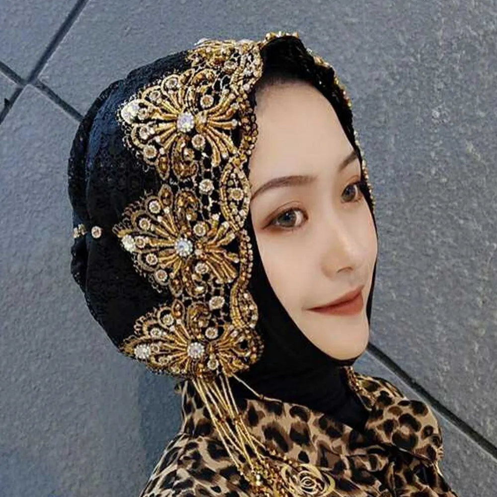 

Luxury Diamonds Hat Turban Tassel Lace Headscarf Bonnet Muslim Hijab Women Headwear Islam Saudi Arab Wedding Party Cap Turbante