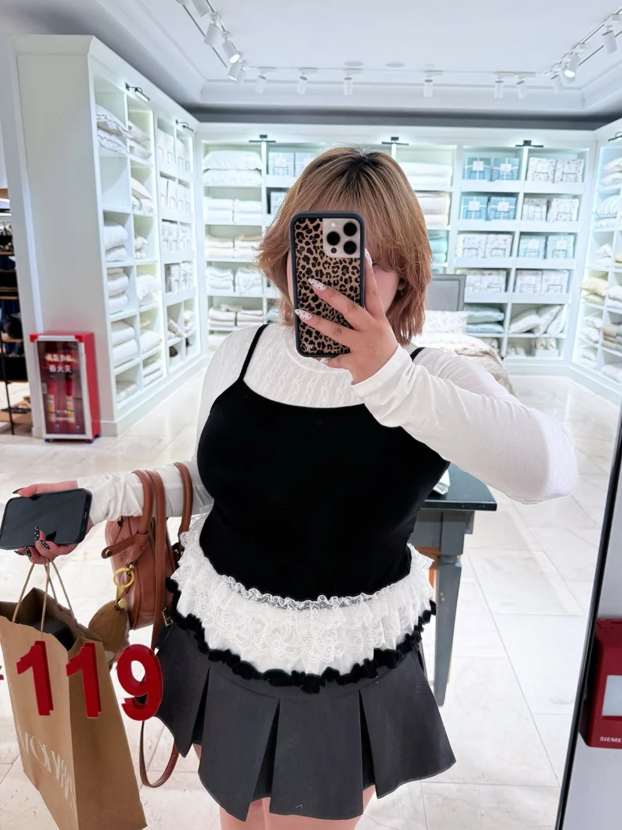 

Женская футболка в корейском стиле с кружевом, длинным рукавом, облегающая, цвета туманно-белого, с цветочным узором, имитация двухслойности, весенняя мода, с завышенной талией