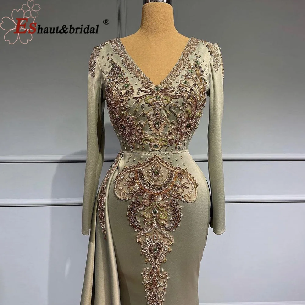 Elegant Mermaid Satin Evening Dress for Women 2024 Long Sleeves Arabic V Neck Beads Formal Prom Wedding Party Gowns Customized