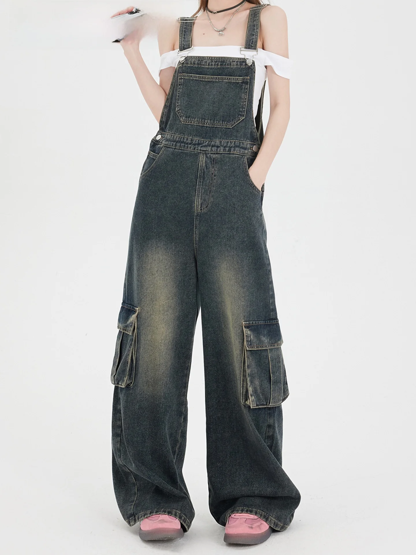 

Adjustable American Retro Denim Overalls Women's Spring Drape Straight Leg High Waist Wide Leg Pants Casual Comfortable Jeans