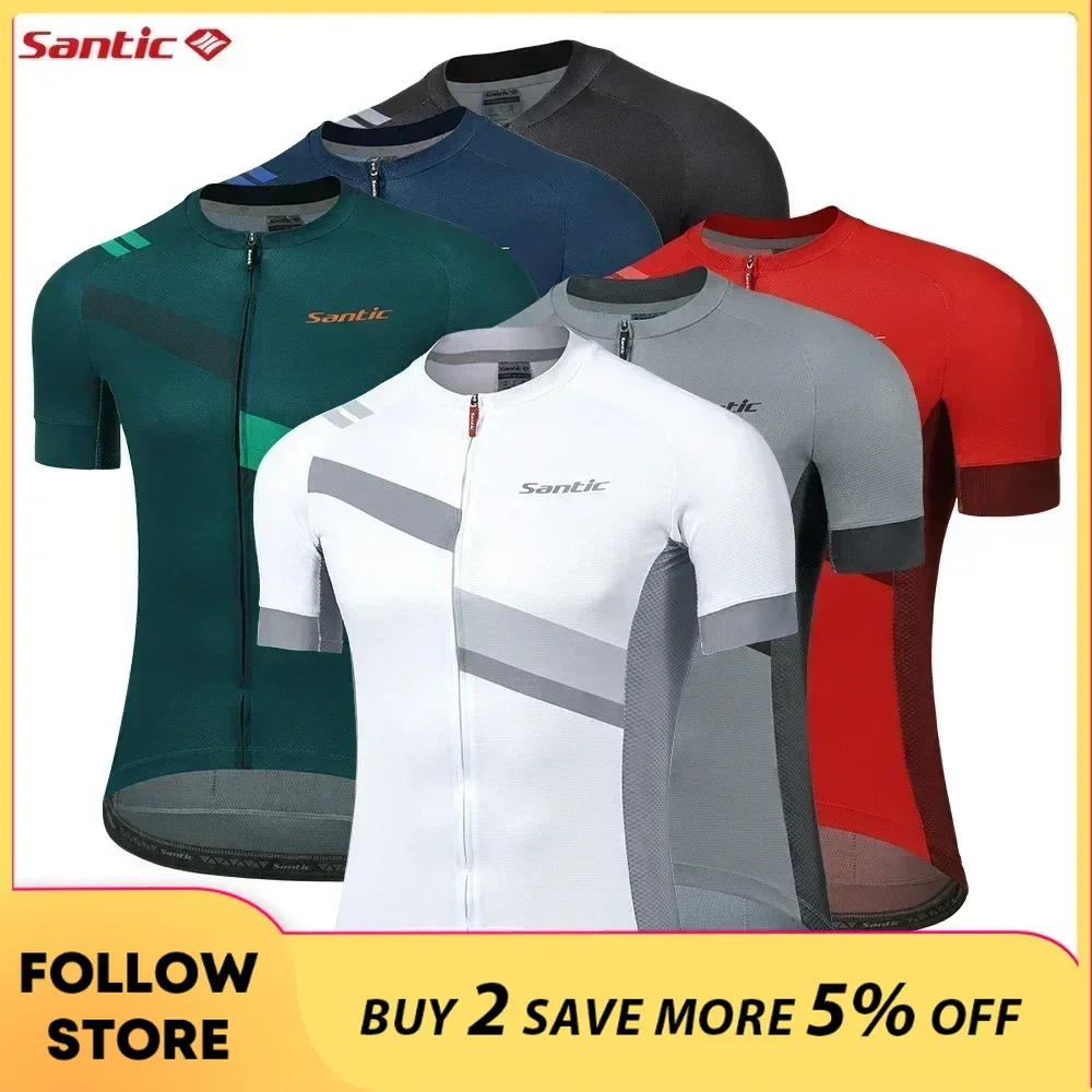 

Santic Men's Cycling Jersey Short Sleeve Summer Quick Dry MTB Road Bike Shirts Full Zipper Breathable Bicycle Clothing Asia Size