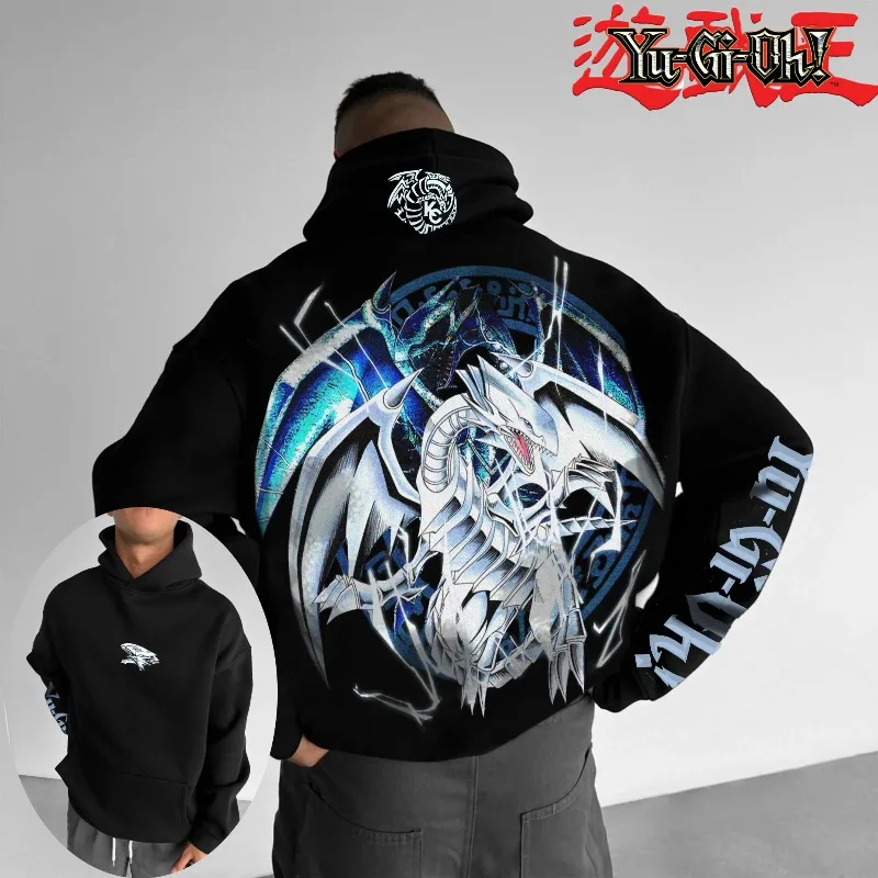 Klassischer Anime Yu Gi Oh Charakter Blue Eyed White Dragon Bedruckter männlicher Herbst/Winter Dicker und breiter Y2K Halloween COS breiter Kapuzenpullover