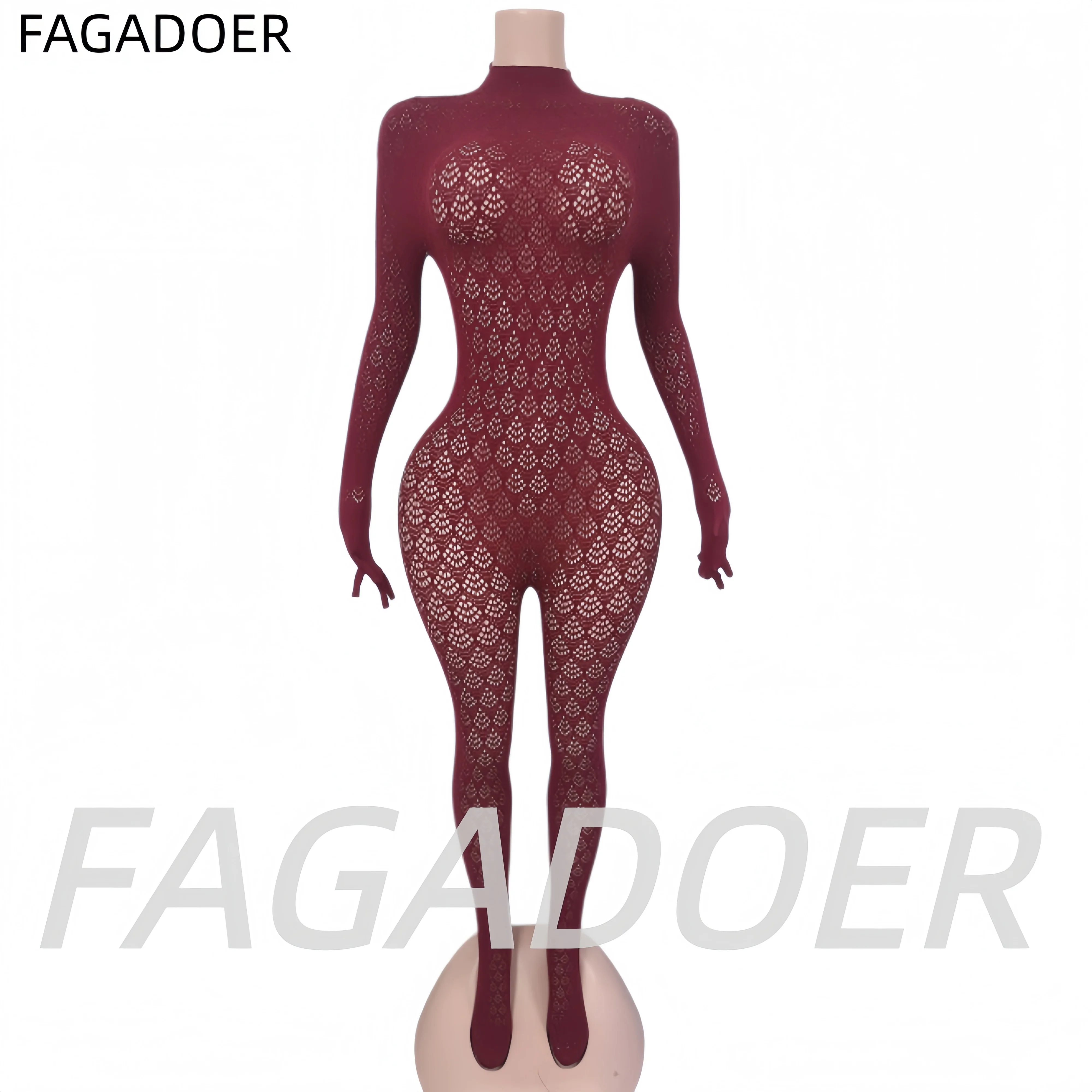 Сексуальный комбинезон FAGADOER с вырезами и вставками, облегающий, кружевной, прозрачный, с длинными рукавами, без спинки, для вечеринок и клубов