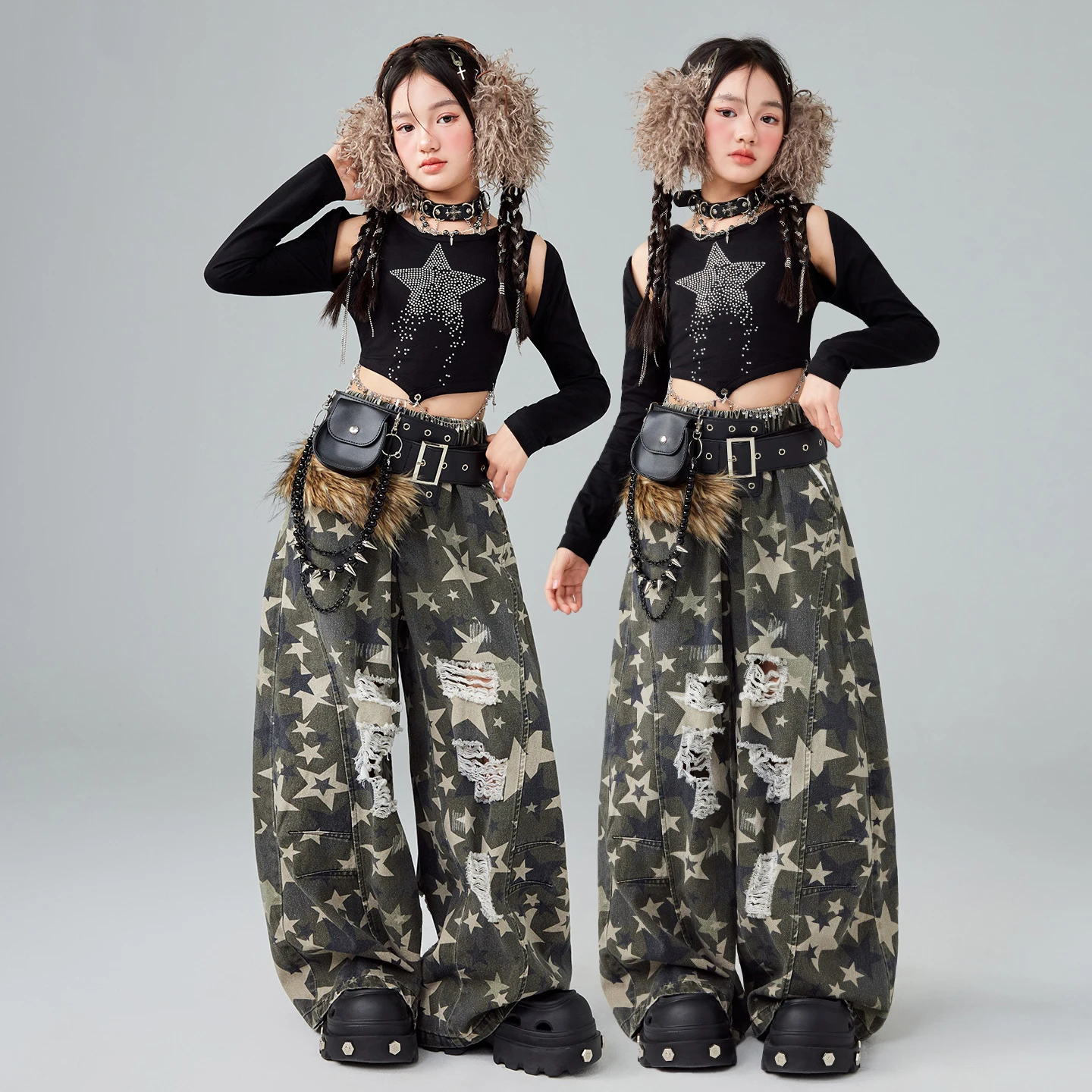 2026 الأطفال الهيب هوب أزياء رقص للفتيات المحاصيل القمم السراويل التمويه Kpop وتتسابق الحديثة الجاز الرقص مرحلة الملابس DQS21703