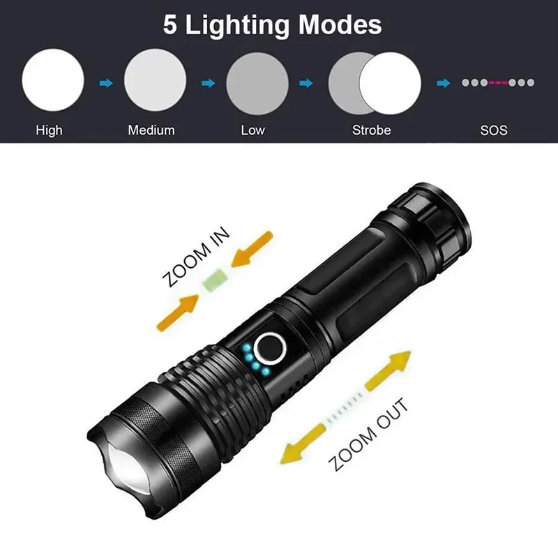 Powerful XHP70 LED Flashlight 5 Modes USB Rechargeable Zoom Torch Lantern 26650 Battery Camping Outdoor Emergency Light