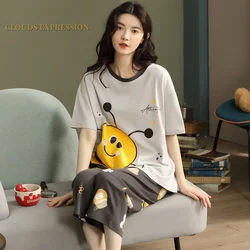 Summer Knitted Cotton Cartoon Pajamas Sets Women Pyjamas Sleepwear Nightwear Pijama Mujer Plus Size Calf-Length Pants Homewear