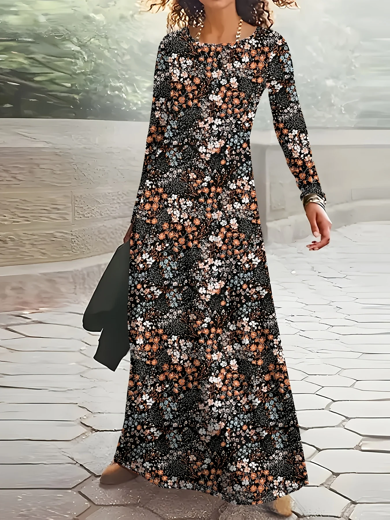 Long Sleeve Floral Print Dress for Women Vacation Style Black Base Multicolor Tropical Botanical Leaves Pattern Summer Casual