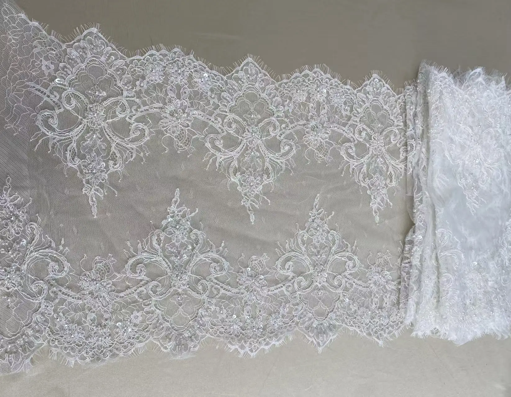 3 Meters French Chantilly Lace Trims with Double Side Scalloped, Beaded Lace Trim, Bridal Lace Fabric, Veil Lace, Wedding Lace