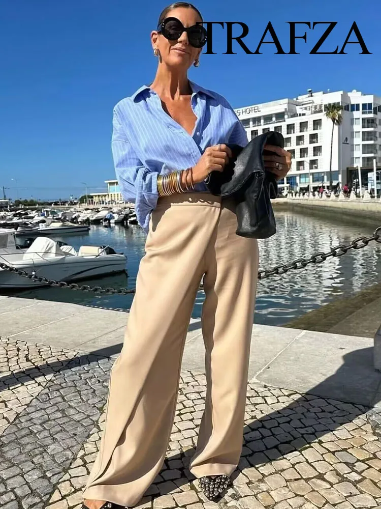 New Women Chic Khaki Elegant Loose Wide Leg Pants Casual Vintage High Waisted Side Zipper Female Long Trousers Streetwear