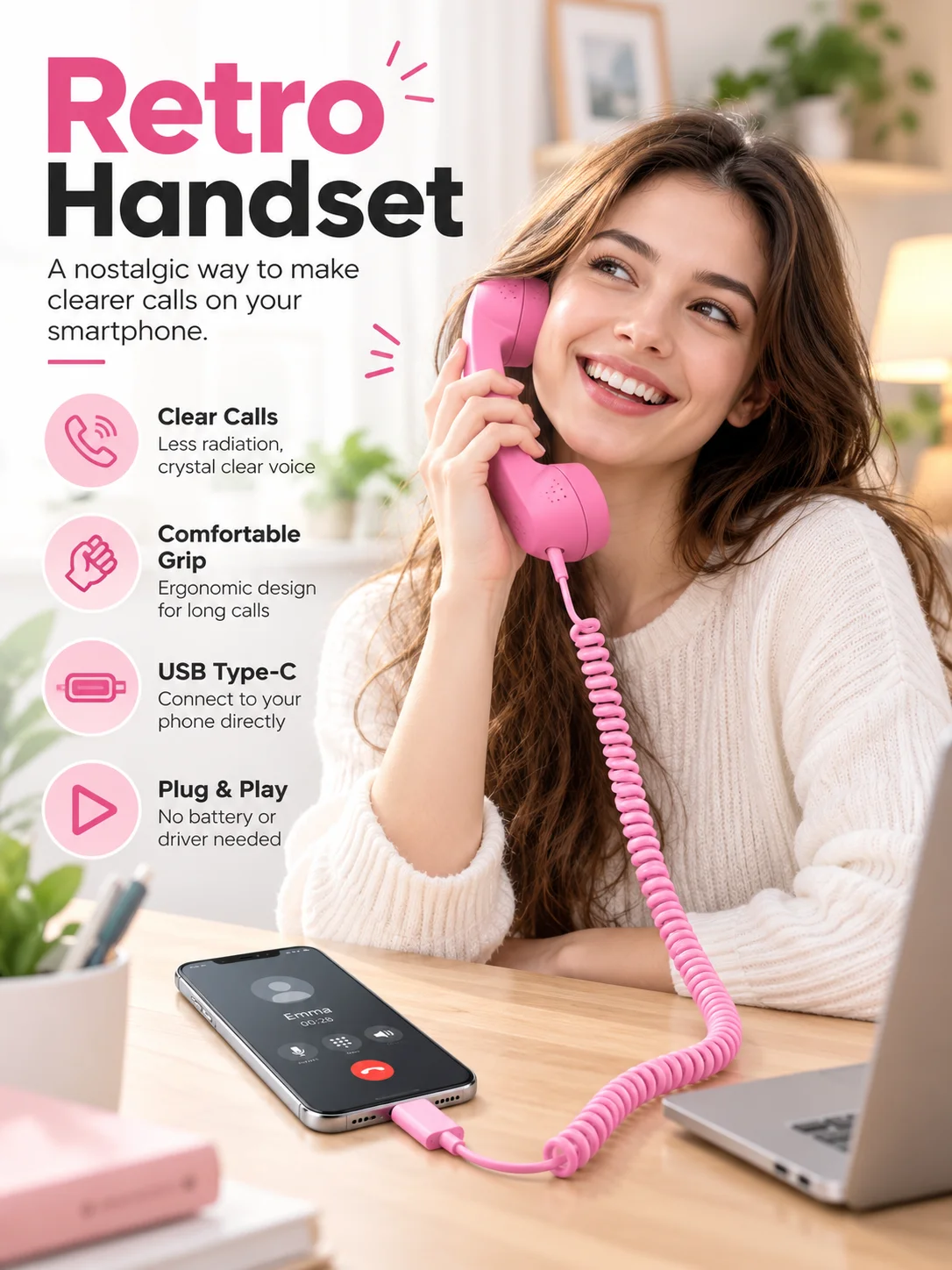 Trending Retro USB-C Phone Handset for Smartphones, Vintage Wired Receiver, Clear Sound, Plug-and-Play, Aesthetic Tech Gadget