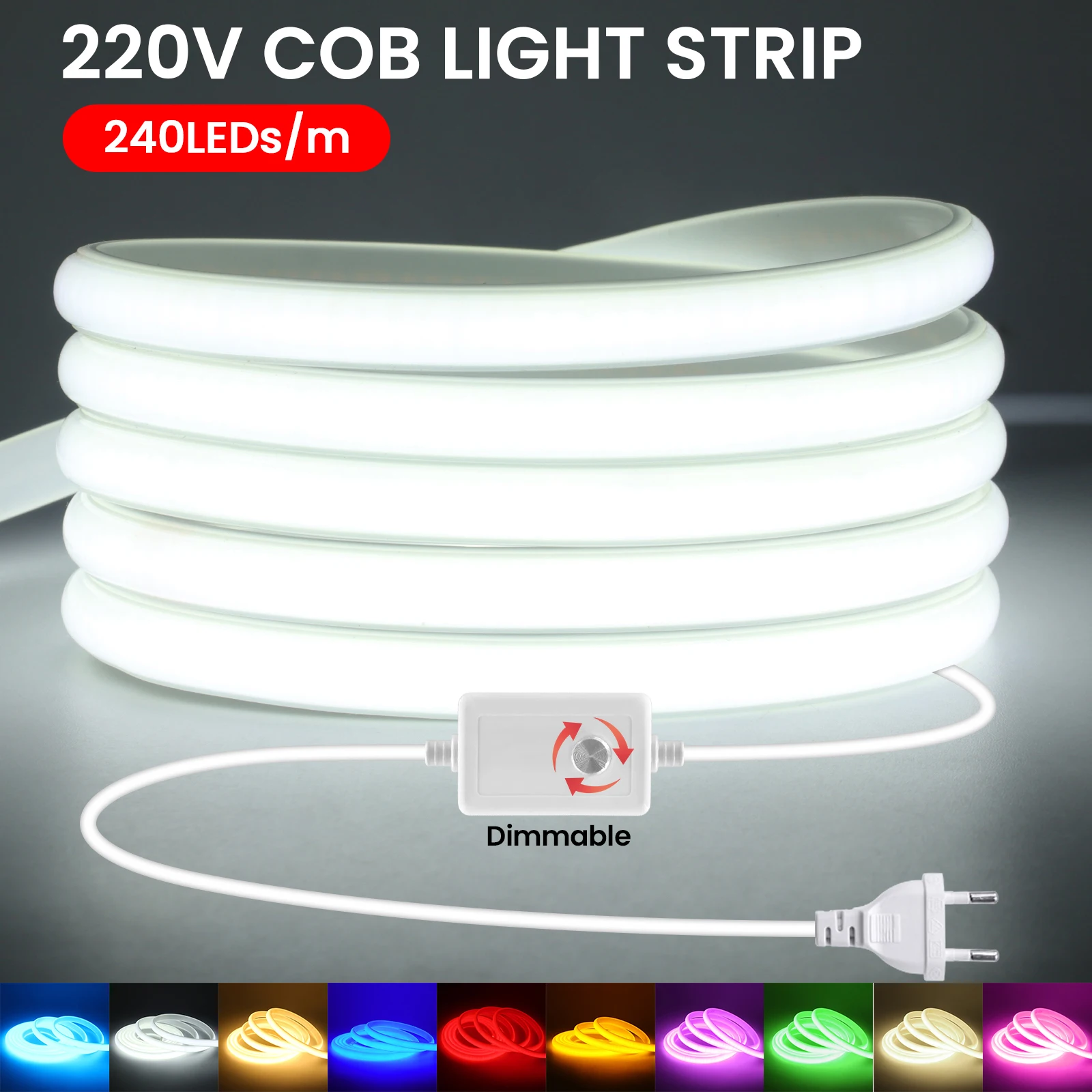 AC 220V COB LED Strip Light 288LEDs/M Flexible LED Neon Tape Light with Plug/ON OFF Switch/Dimmer Waterproof Rope Light Stripe