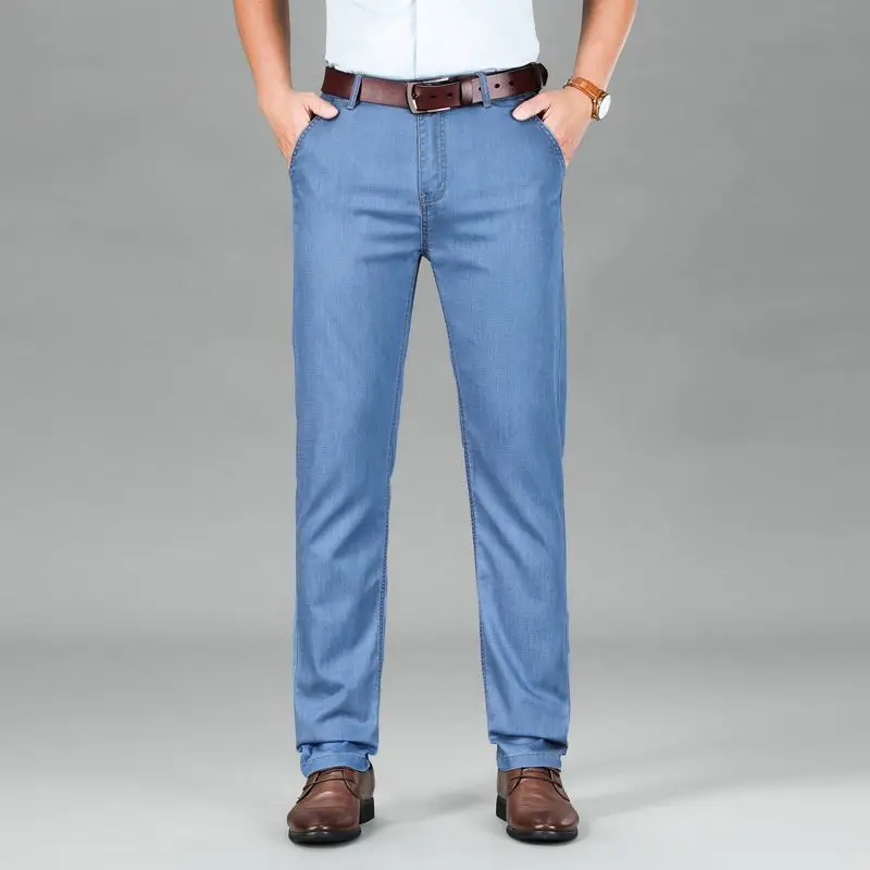 2026 New Seasons Lightweight Fit Straight Men's Jeans Classic Business Clothes Thin Cotton Elastic High Waist Casual