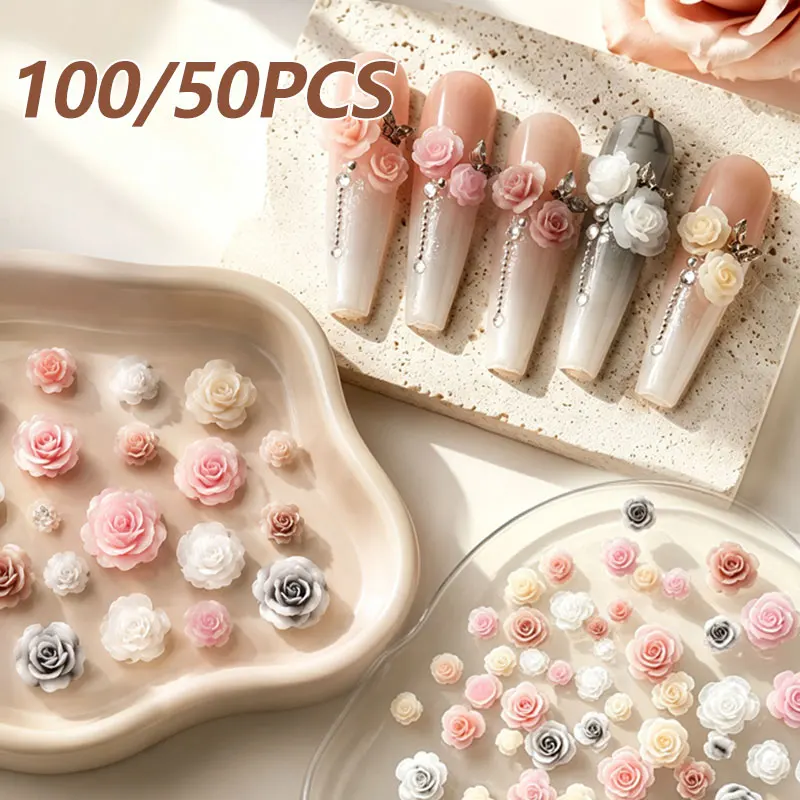 50Pcs 3D Mix Sizes Blossoming Rose Flowers Nail Charms Resin Adhesive Nail Art Rhinestones Decorations Manicure Accessories