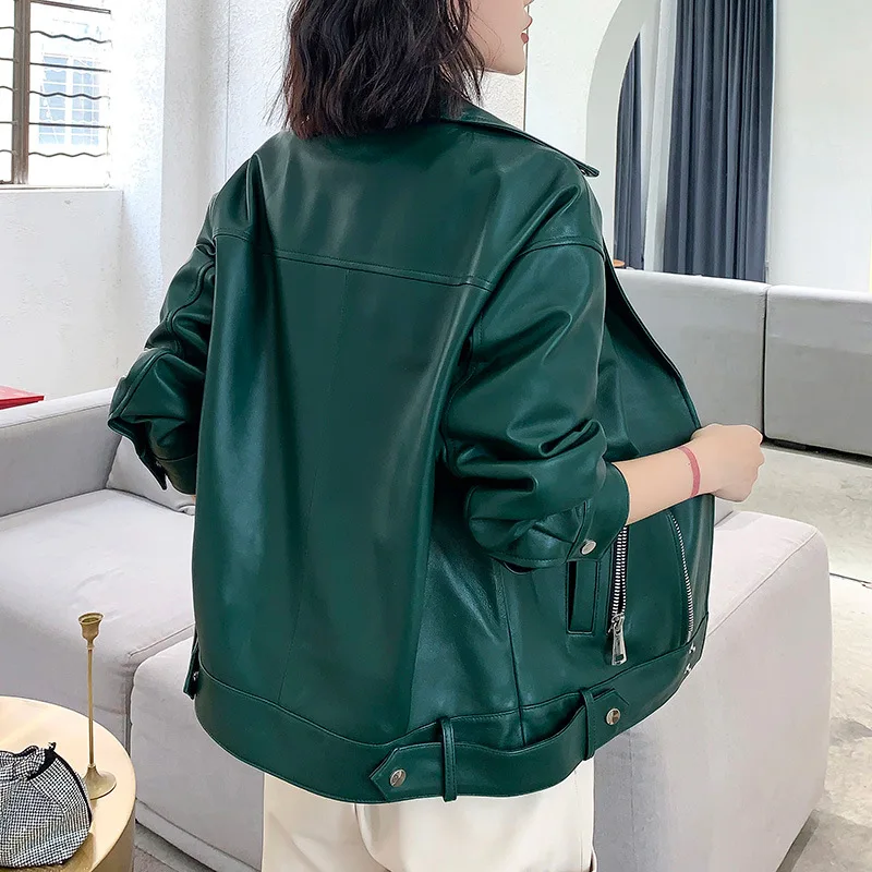 Popular Genuine Leather Jacket Women Short Locomotive Zipper Sheepskin Harajuku Fashion Loose Trendy Dark Green Lederjacke Damen