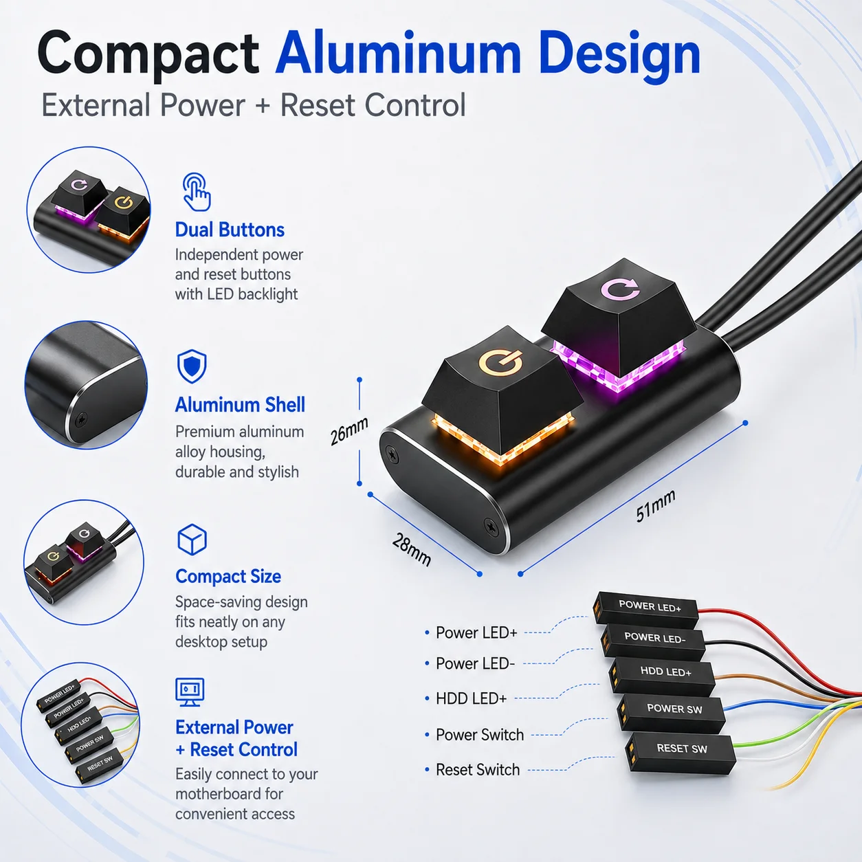 External PC Power Switch Aluminum Dual Button Desktop Computer Power Reset Switch Extension Cable 2.54mm 9-Pin Motherboard Adapt
