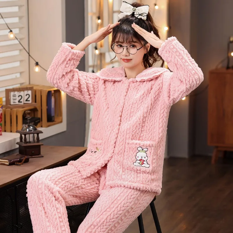 2024 New Autumn Winter Coral Velvet Pajamas Women Plus Velvet Padded Sleepwear Long-sleeved Homewear Suit Doll Collar Loungewear